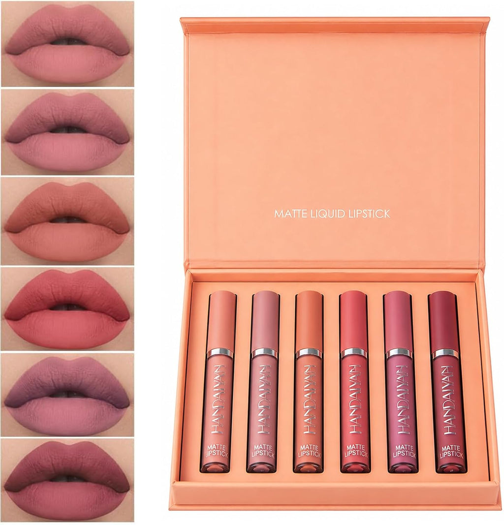 6 Couleurs Set Rouge À Lèvres Liquide Mat, Mat Rouge À Lèvres Nude Ensemble Velouté Longue Durée Antiadhésif Tasse, Cadeau De Rouge À Lèvres (02)