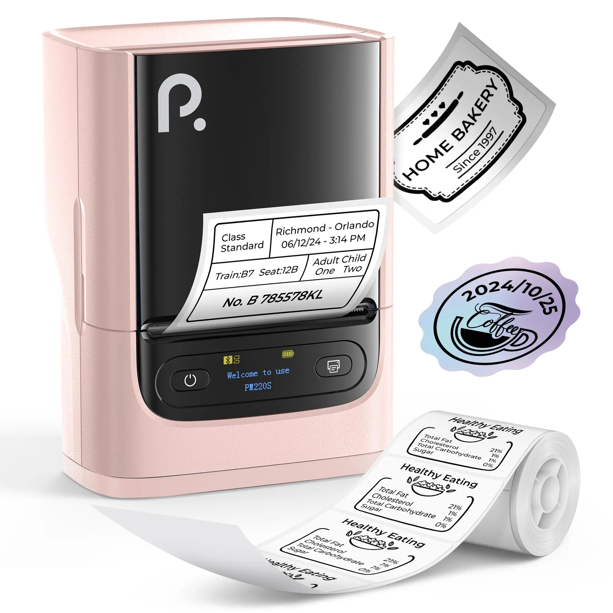 PM220S Label Machine, Mini Thermal Barcode Label Printer Bluetooth Portable Suitable for Various Scenarios, with Phones & Computers, Springtok