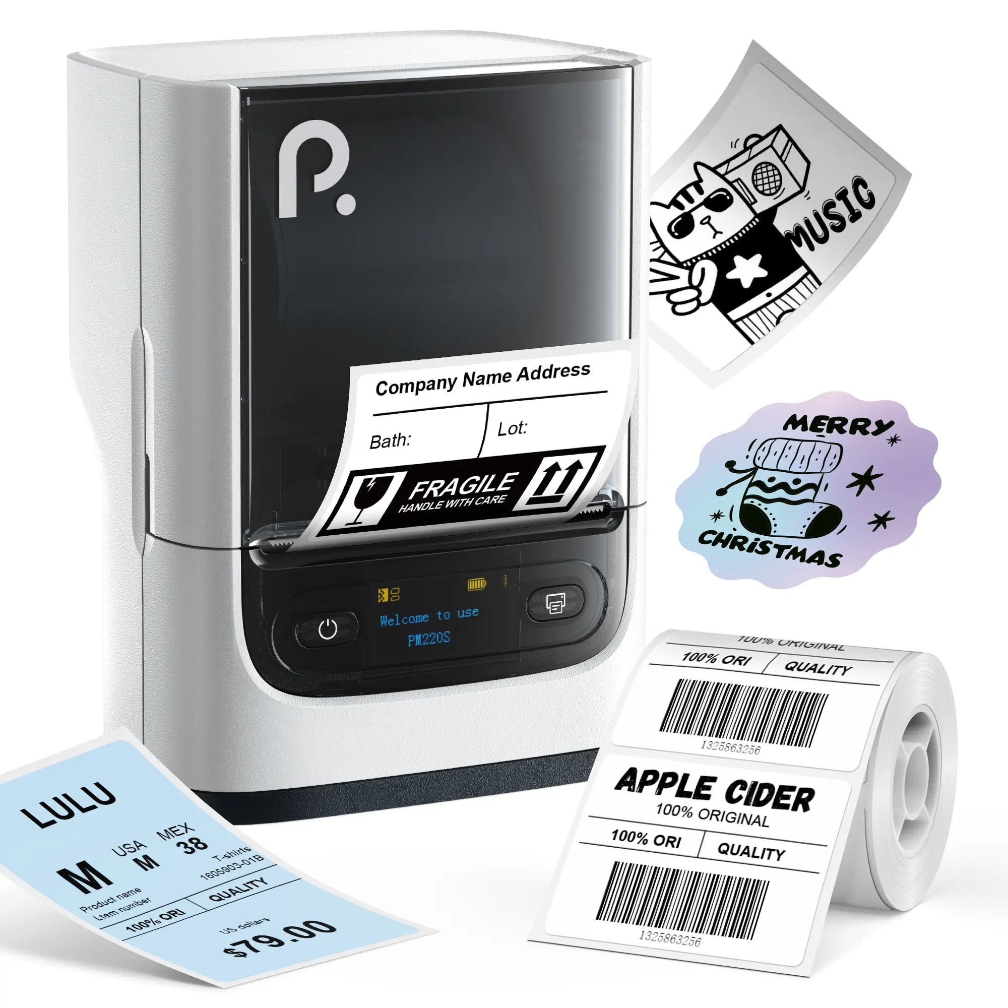 PM220S Label Machine, Mini Thermal Barcode Label Printer Bluetooth Portable Suitable for Various Scenarios, with Phones & Computers, Springtok