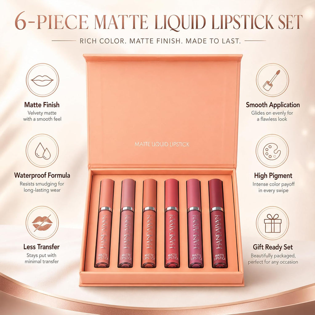 6 Couleurs Set Rouge À Lèvres Liquide Mat, Mat Rouge À Lèvres Nude Ensemble Velouté Longue Durée Antiadhésif Tasse, Cadeau De Rouge À Lèvres (02)